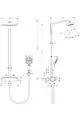 Hansgrohe Duschsystem mit Kopfbrause und Handbrause, Thermostat, integrierten Funktionen und klaren Linien. Technische Zeichnung mit Abmessungen und Anschlüssen.